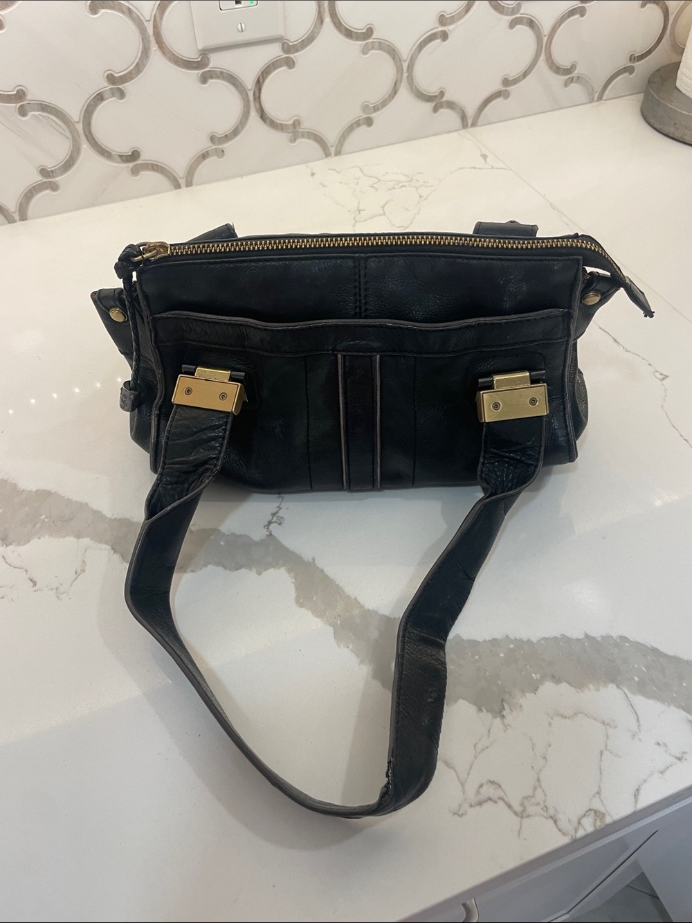 b. makowsky Black Leather Shoulder Bag with Gold Hardware - Picture 3 of 15